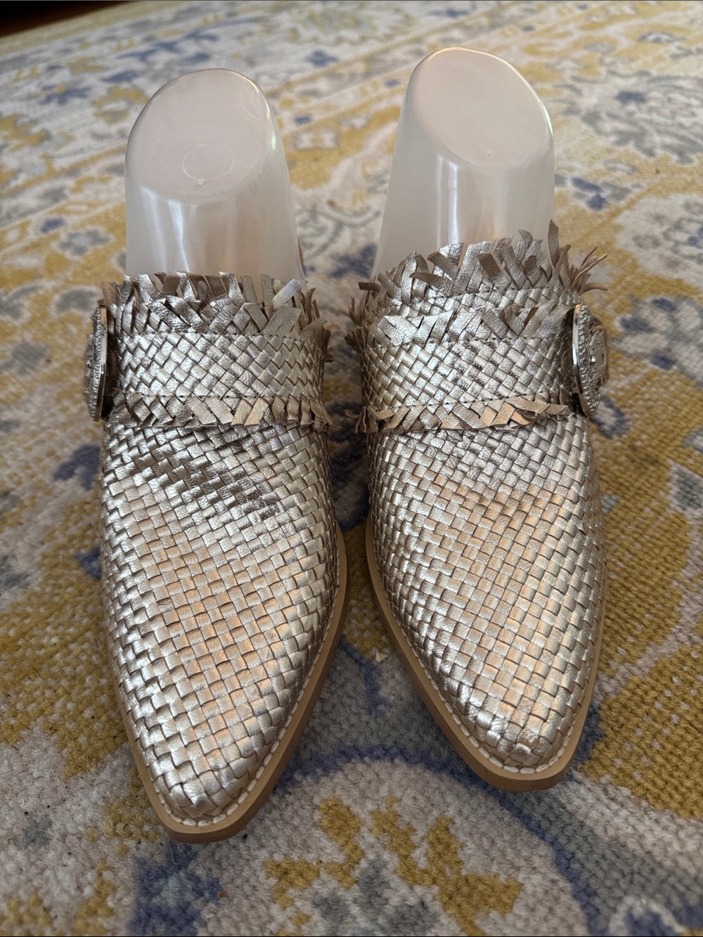 Woven Metallic Slip-On Mules in Silver with Decorative Buckle
